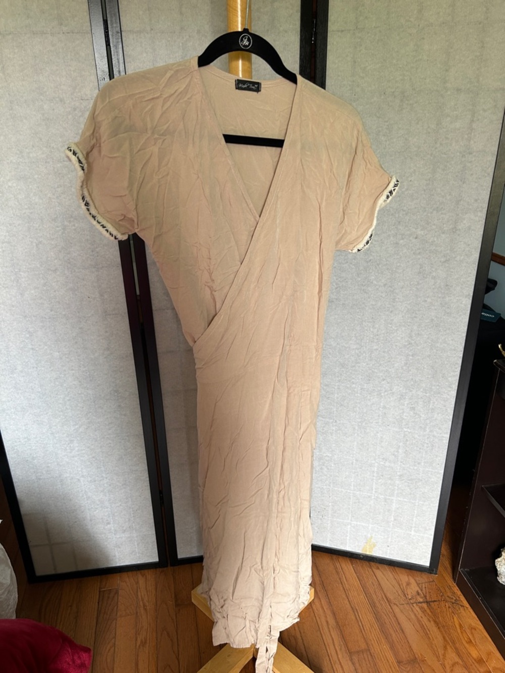 Beige Wrap Dress with Trim Detail